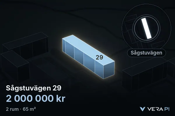 VERA PI:s bild av Sågstuvägen 29: huset i 3D, upplyst i blått, och kartan runt omkring