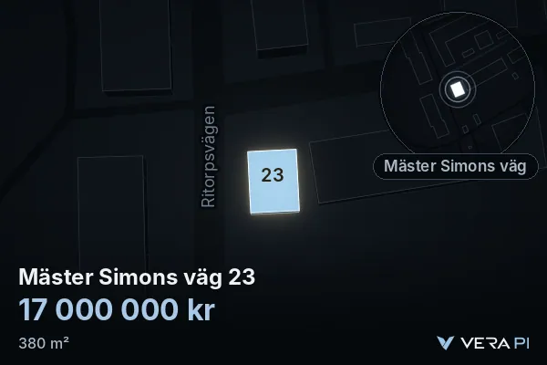 VERA PI:s bild av Mäster Simons väg 23: huset i 3D, upplyst i blått, och kartan runt omkring