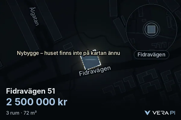 VERA PI:s bild av Fidravägen 51: huset i 3D, upplyst i blått, och kartan runt omkring