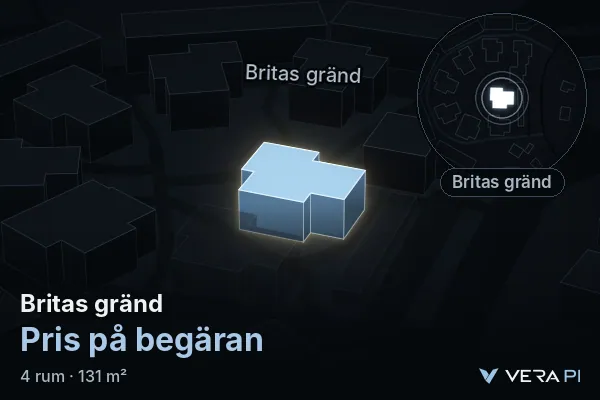 VERA PI:s bild av Britas gränd: huset i 3D, upplyst i blått, och kartan runt omkring