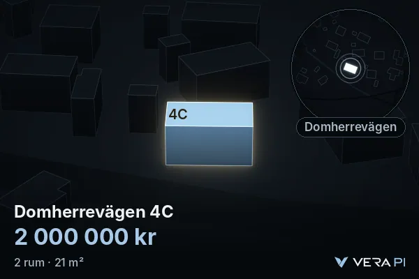 VERA PI:s bild av Domherrevägen 4C: huset i 3D, upplyst i blått, och kartan runt omkring