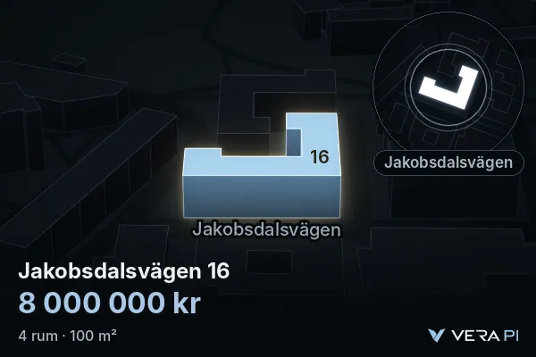 VERA PI:s bild av Jakobsdalsvägen 16: huset i 3D, upplyst i blått, och kartan runt omkring