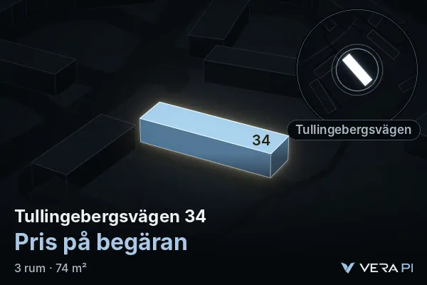 VERA PI's image of Tullingebergsvägen 34: the building in 3D, lit in blue, and the map around it
