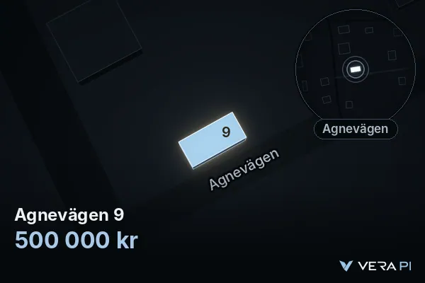 VERA PI's image of Agnevägen 9: the building in 3D, lit in blue, and the map around it
