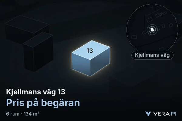 VERA PI:s bild av Kjellmans väg 13: huset i 3D, upplyst i blått, och kartan runt omkring