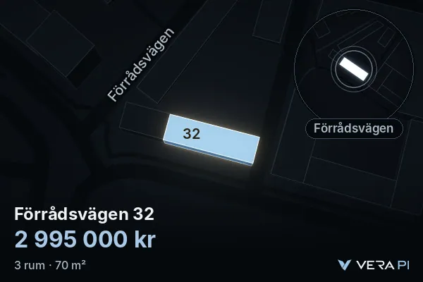 VERA PI:s bild av Förrådsvägen 32: huset i 3D, upplyst i blått, och kartan runt omkring