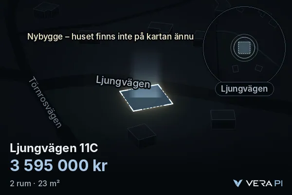VERA PI:s bild av Ljungvägen 11C: huset i 3D, upplyst i blått, och kartan runt omkring