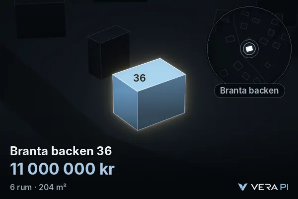 VERA PI:s bild av Branta backen 36: huset i 3D, upplyst i blått, och kartan runt omkring