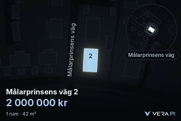 VERA PI's image of Målarprinsens väg 2: the building in 3D, lit in blue, and the map around it