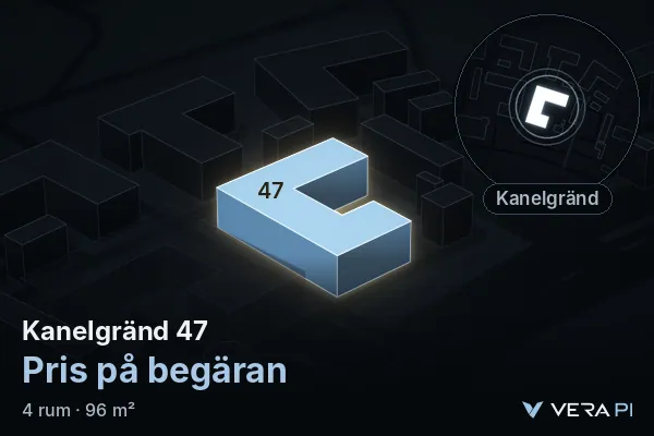 VERA PI's image of Kanelgränd 47: the building in 3D, lit in blue, and the map around it