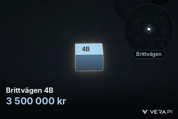 VERA PI:s bild av Brittvägen 4B: huset i 3D, upplyst i blått, och kartan runt omkring