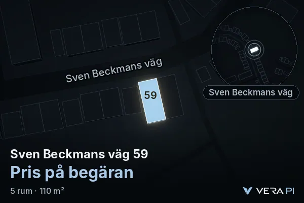 VERA PI:s bild av Sven Beckmans väg 59: huset i 3D, upplyst i blått, och kartan runt omkring