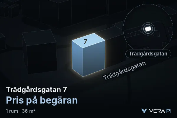 VERA PI's image of Trädgårdsgatan 7: the building in 3D, lit in blue, and the map around it