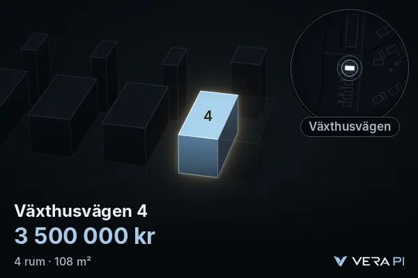 VERA PI:s bild av Växthusvägen 4: huset i 3D, upplyst i blått, och kartan runt omkring