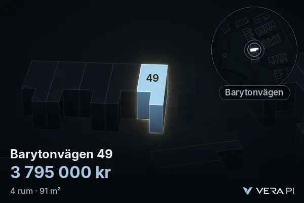 VERA PI:s bild av Barytonvägen 49: huset i 3D, upplyst i blått, och kartan runt omkring