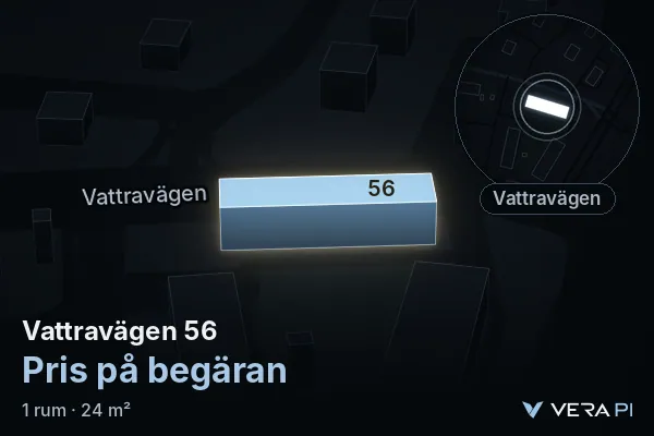 VERA PI's image of Vattravägen 56: the building in 3D, lit in blue, and the map around it