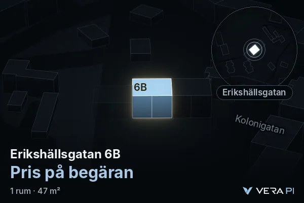 VERA PI's image of Erikshällsgatan 6B: the building in 3D, lit in blue, and the map around it