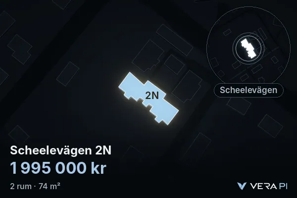 VERA PI's image of Scheelevägen 2N: the building in 3D, lit in blue, and the map around it