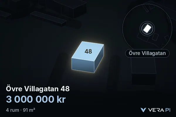 VERA PI:s bild av Övre Villagatan 48: huset i 3D, upplyst i blått, och kartan runt omkring