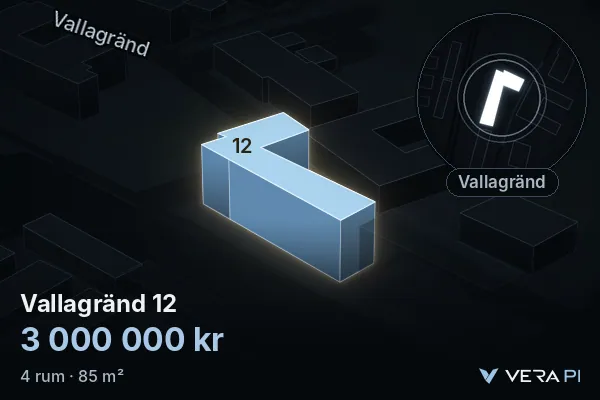 VERA PI:s bild av Vallagränd 12: huset i 3D, upplyst i blått, och kartan runt omkring