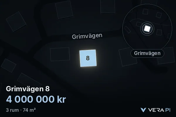 VERA PI's image of Grimvägen 8: the building in 3D, lit in blue, and the map around it