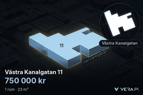 VERA PI:s bild av Västra Kanalgatan 11: huset i 3D, upplyst i blått, och kartan runt omkring