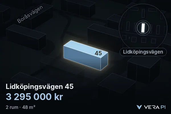 VERA PI's image of Lidköpingsvägen 45: the building in 3D, lit in blue, and the map around it