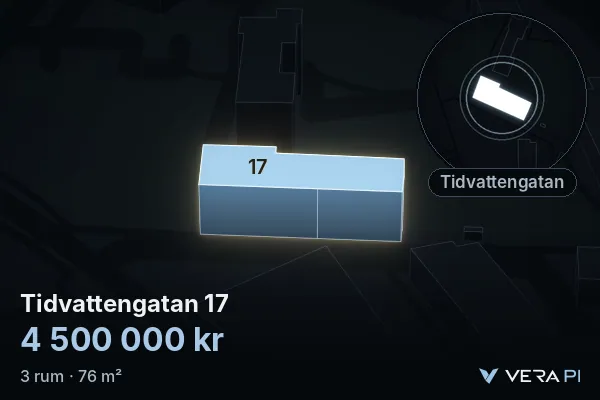 VERA PI:s bild av Tidvattengatan 17: huset i 3D, upplyst i blått, och kartan runt omkring