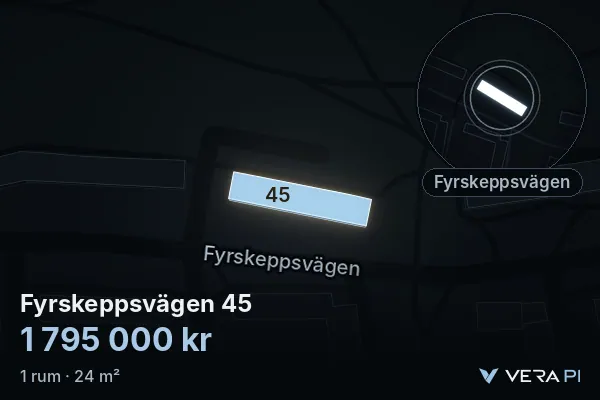 VERA PI's image of Fyrskeppsvägen 45: the building in 3D, lit in blue, and the map around it