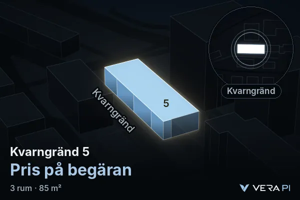 VERA PI:s bild av Kvarngränd 5: huset i 3D, upplyst i blått, och kartan runt omkring
