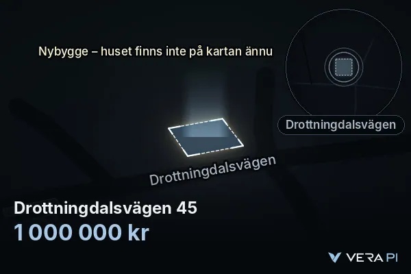 VERA PI's image of Drottningdalsvägen 45: the building in 3D, lit in blue, and the map around it