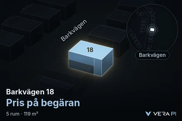 VERA PI's image of Barkvägen 18: the building in 3D, lit in blue, and the map around it