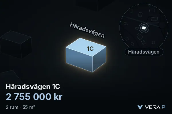 VERA PI's image of Häradsvägen 1C: the building in 3D, lit in blue, and the map around it