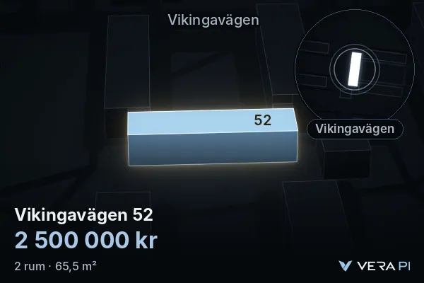 VERA PI:s bild av Vikingavägen 52: huset i 3D, upplyst i blått, och kartan runt omkring