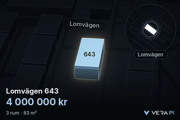 VERA PI's image of Lomvägen 643: the building in 3D, lit in blue, and the map around it