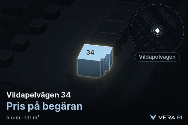 VERA PI's image of Vildapelvägen 34: the building in 3D, lit in blue, and the map around it