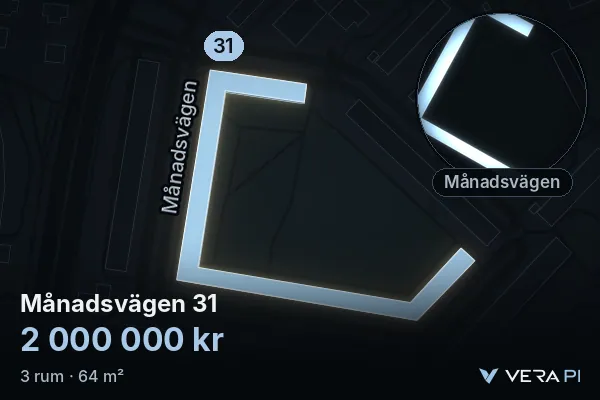 VERA PI's image of Månadsvägen 31: the building in 3D, lit in blue, and the map around it
