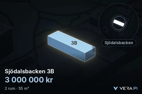VERA PI:s bild av Sjödalsbacken 3B: huset i 3D, upplyst i blått, och kartan runt omkring