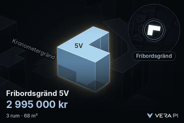 VERA PI's image of Fribordsgränd 5V: the building in 3D, lit in blue, and the map around it