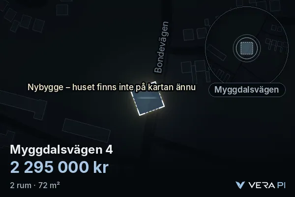 VERA PI:s bild av Myggdalsvägen 4: huset i 3D, upplyst i blått, och kartan runt omkring