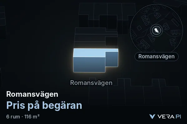 VERA PI:s bild av Romansvägen: huset i 3D, upplyst i blått, och kartan runt omkring