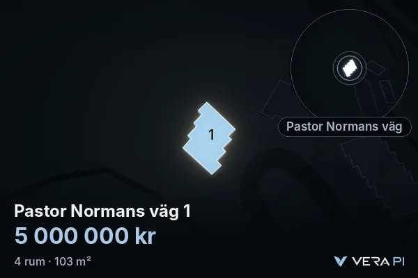 VERA PI:s bild av Pastor Normans väg 1: huset i 3D, upplyst i blått, och kartan runt omkring