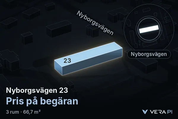 VERA PI's image of Nyborgsvägen 23: the building in 3D, lit in blue, and the map around it
