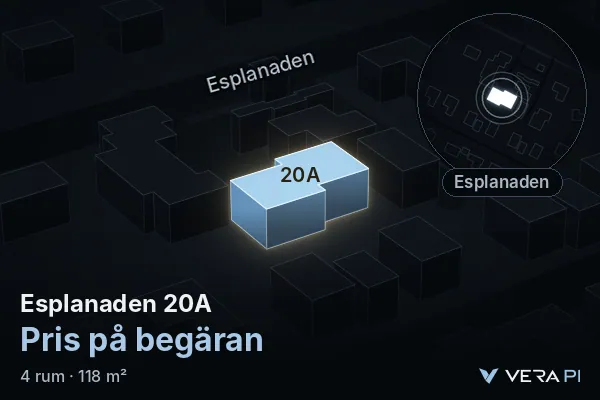 VERA PI:s bild av Esplanaden 20A: huset i 3D, upplyst i blått, och kartan runt omkring
