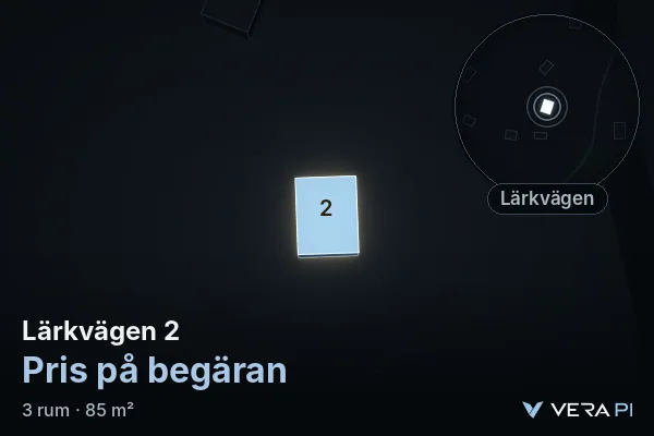 VERA PI's image of Lärkvägen 2: the building in 3D, lit in blue, and the map around it