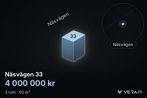 VERA PI:s bild av Näsvägen 33: huset i 3D, upplyst i blått, och kartan runt omkring