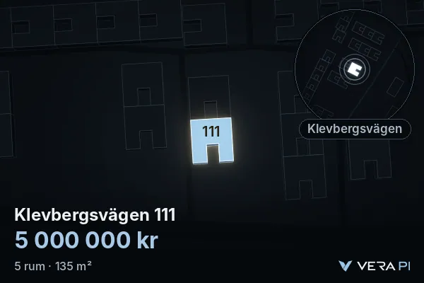 VERA PI:s bild av Klevbergsvägen 111: huset i 3D, upplyst i blått, och kartan runt omkring