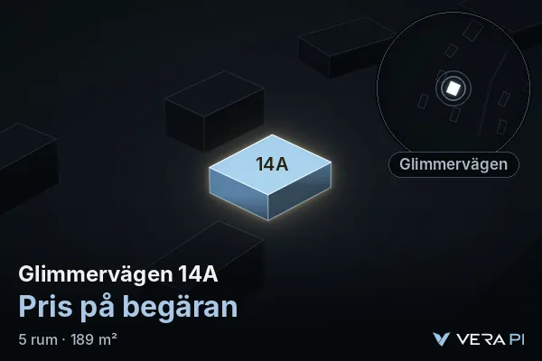 VERA PI:s bild av Glimmervägen 14A: huset i 3D, upplyst i blått, och kartan runt omkring