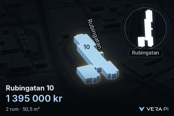 VERA PI's image of Rubingatan 10: the building in 3D, lit in blue, and the map around it