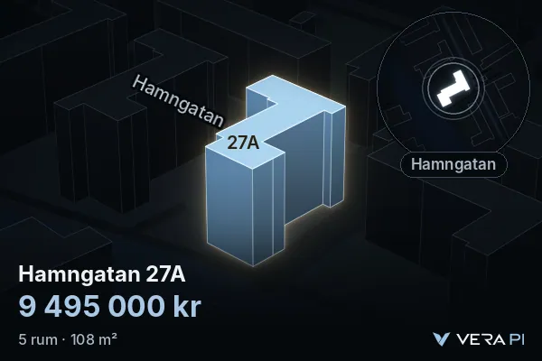 VERA PI's image of Hamngatan 27A: the building in 3D, lit in blue, and the map around it